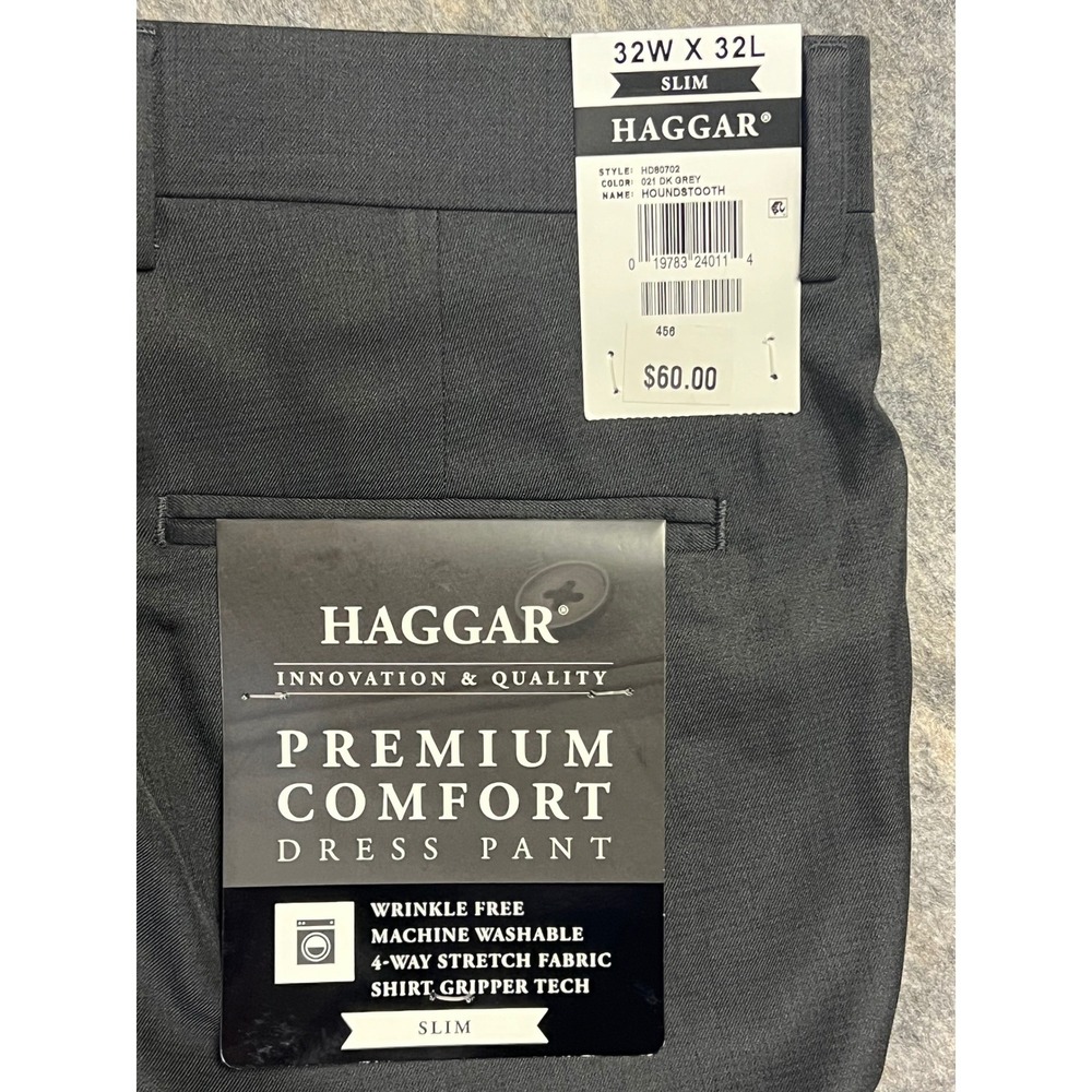 Haggar Men's Dress Pants 32x32 Slim Fit Dark Grey Houndstooth 4-Way Stretch New - Picture 3 of 8